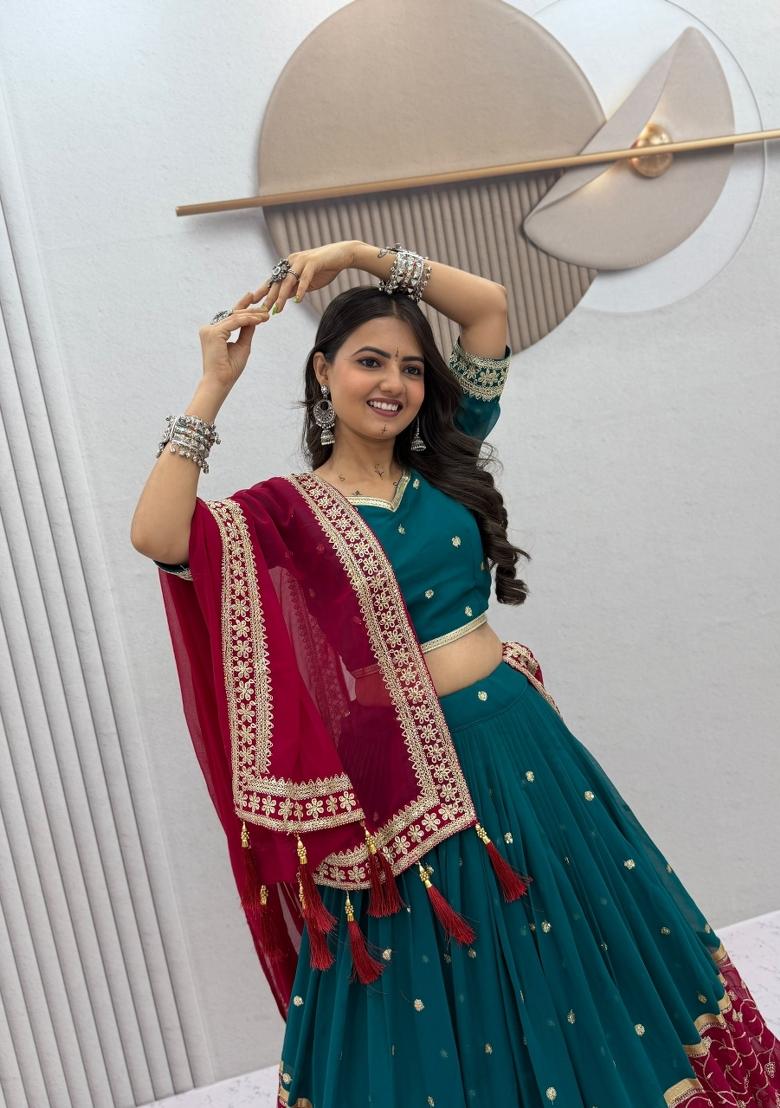 Rama Embroidered Georgette Lehenga Set - Indya