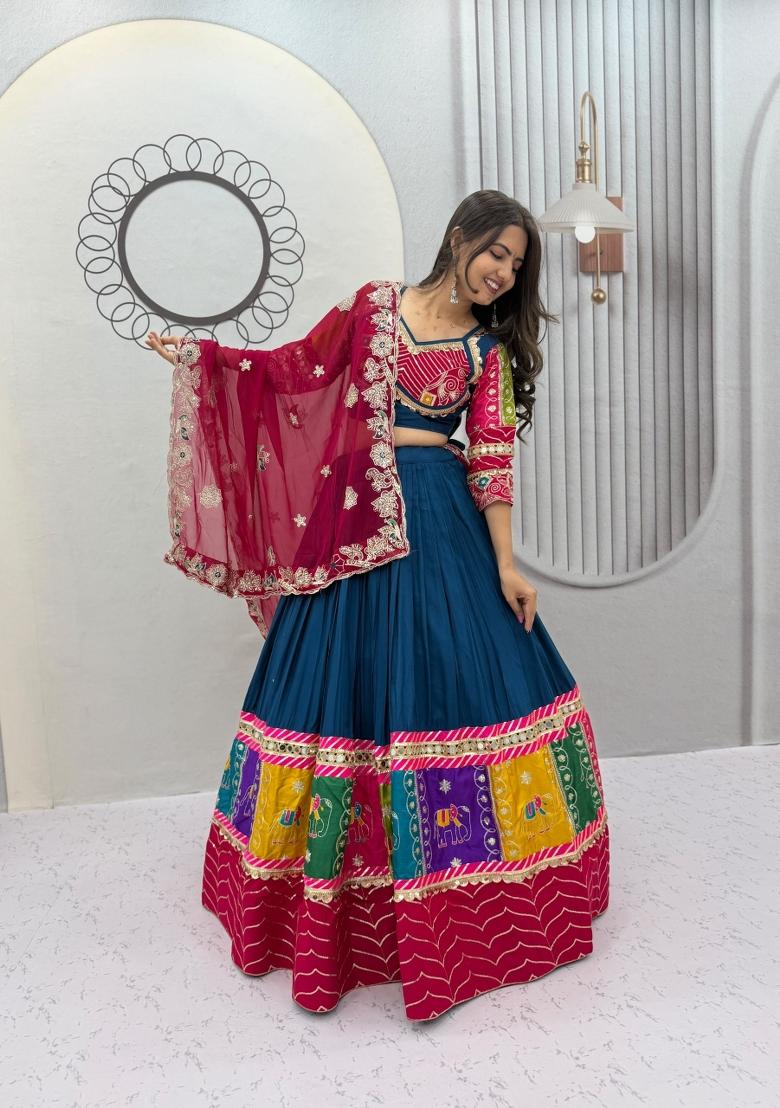 Blue Embroidered Georgette Lehenga Set - Indya