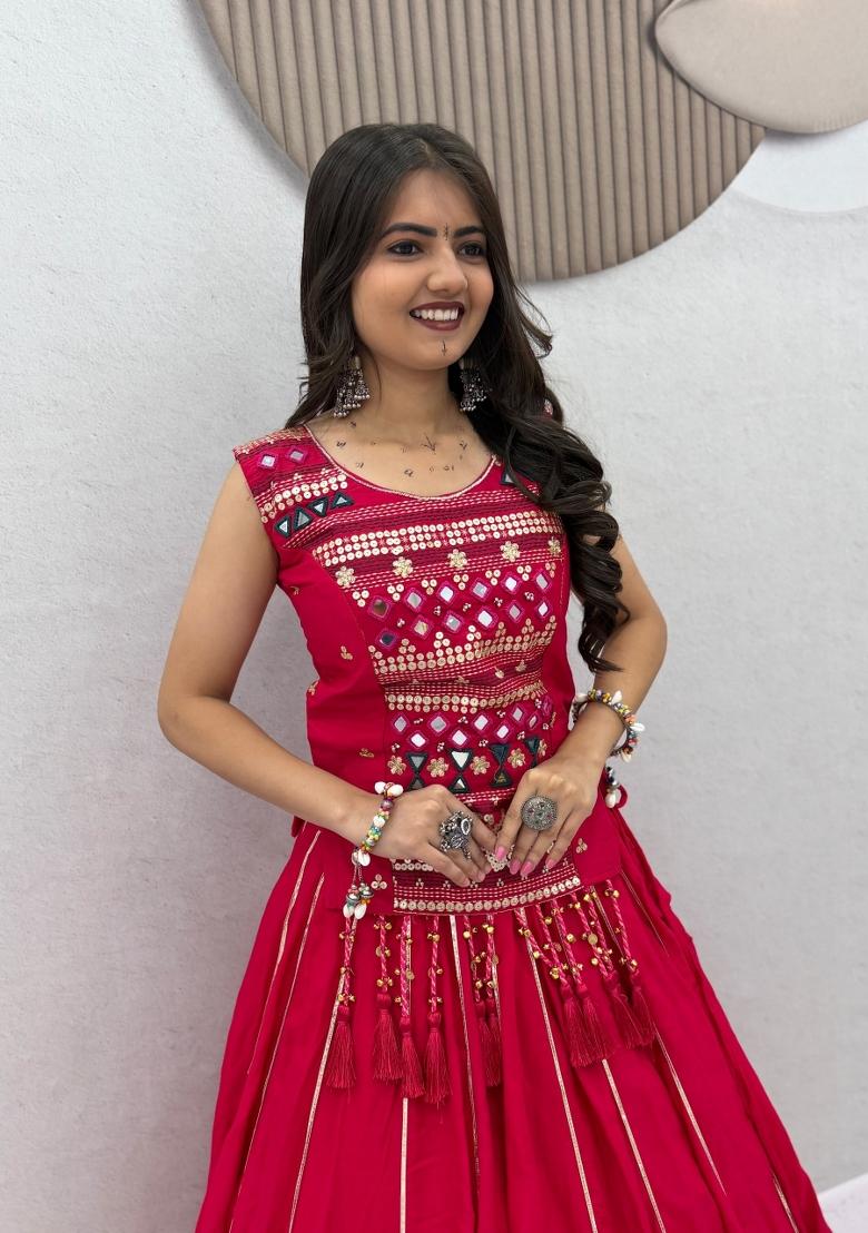 Red Embroidered Cotton Lehenga Set - Indya