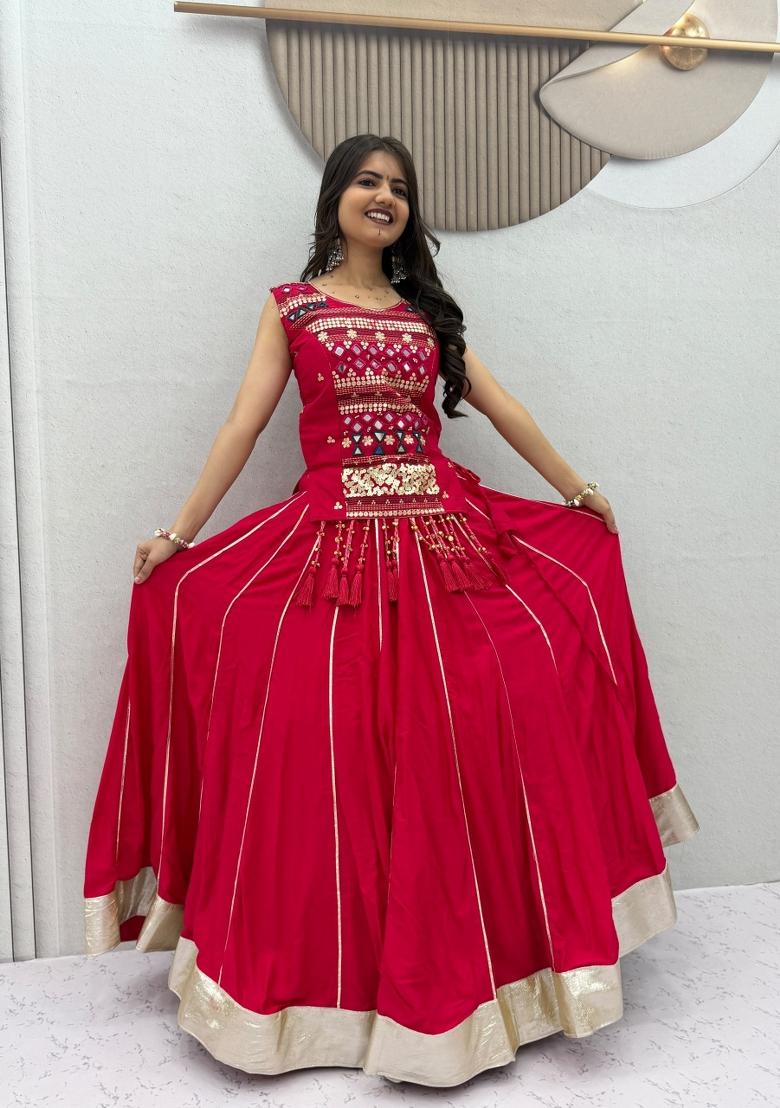 Red Embroidered Cotton Lehenga Set - Indya