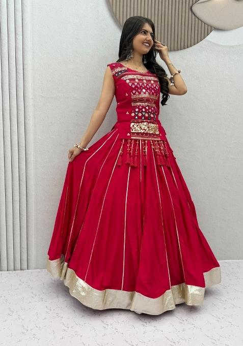 Red Embroidered Cotton Lehenga Set