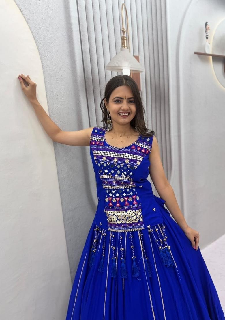 Blue Embroidered Cotton Lehenga Set - Indya