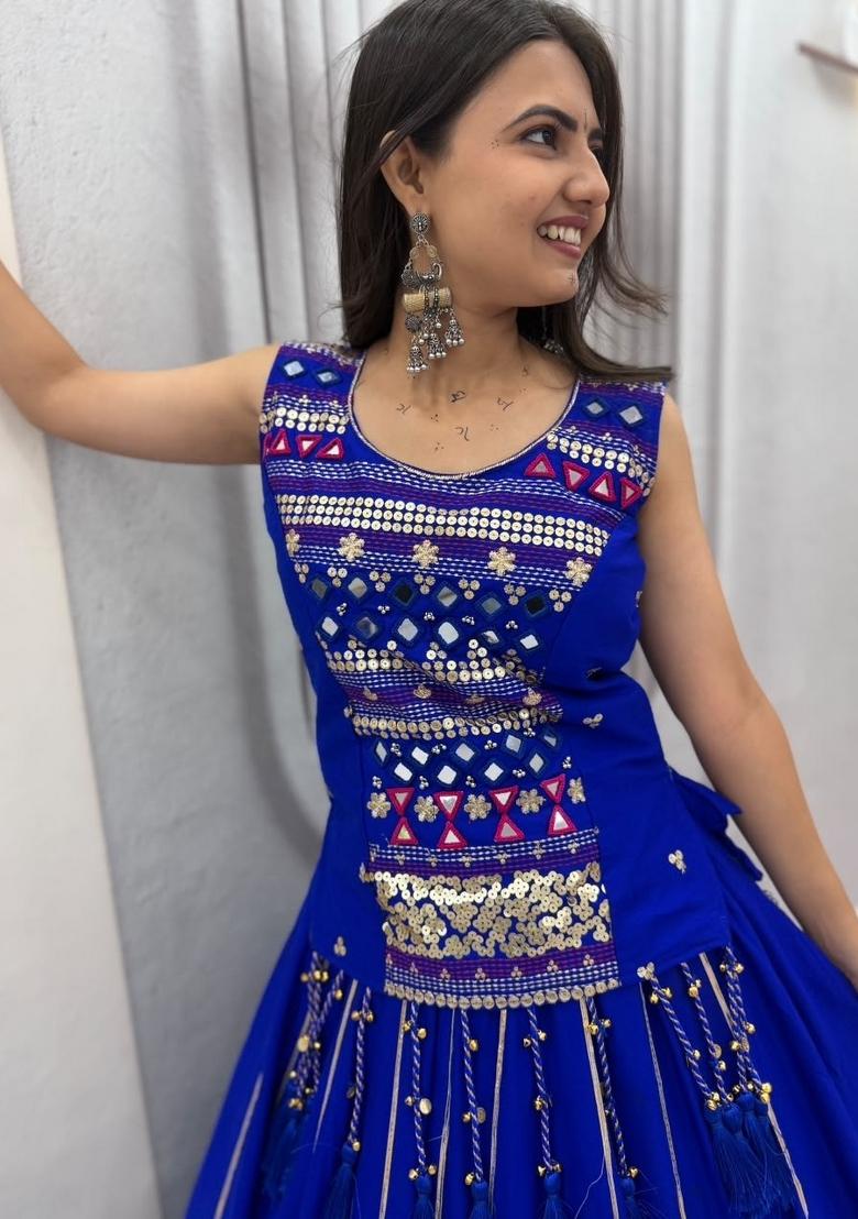 Blue Embroidered Cotton Lehenga Set - Indya