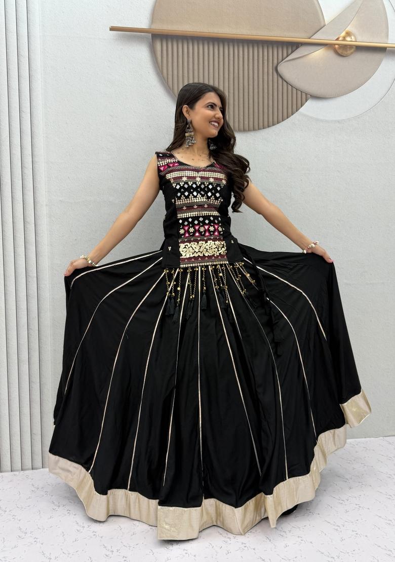 Black Embroidered Cotton Lehenga Set - Indya