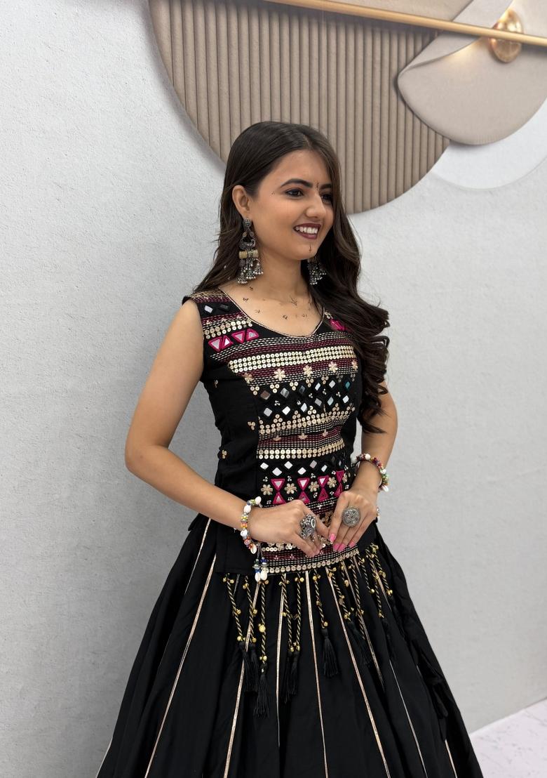 Black Embroidered Cotton Lehenga Set - Indya