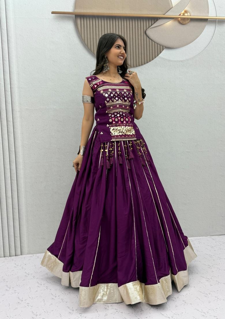 Wine Embroidered Cotton Lehenga Set - Indya