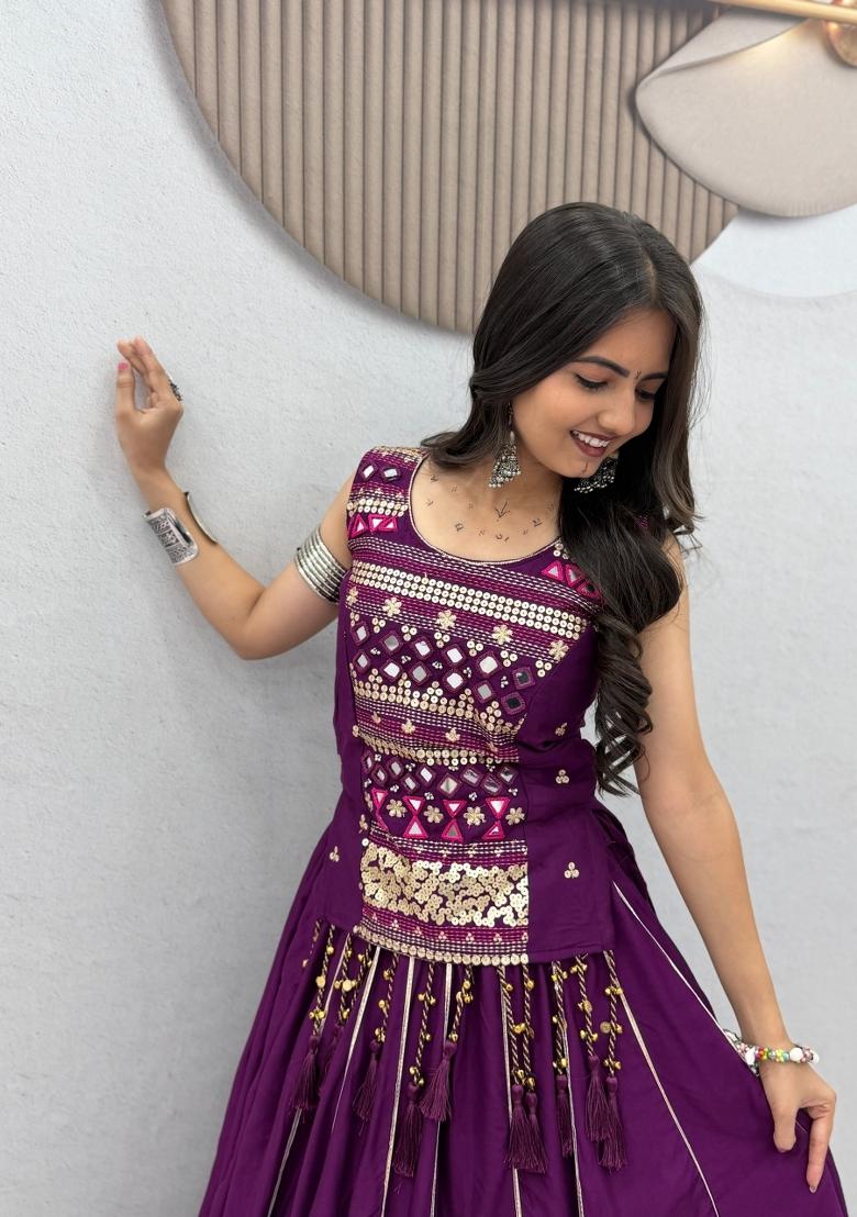 Wine Embroidered Cotton Lehenga Set - Indya