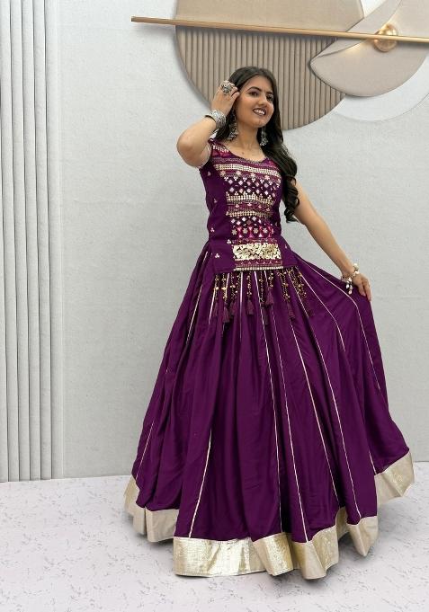 Wine Embroidered Cotton Lehenga Set