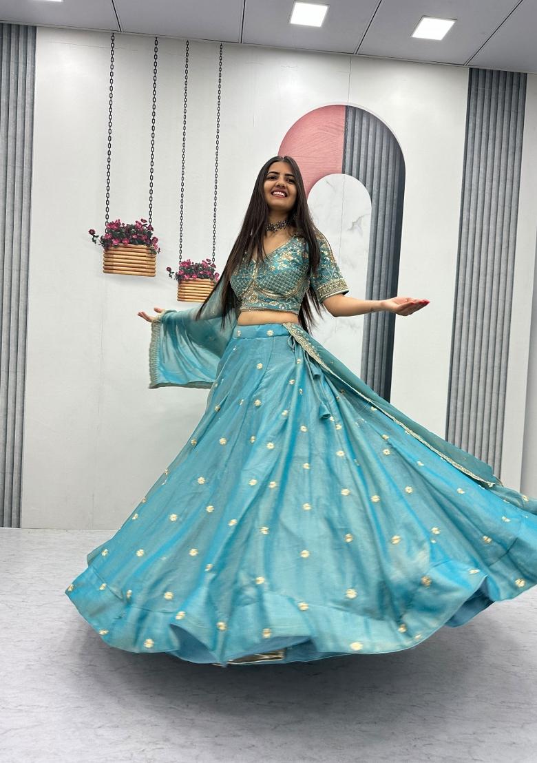 Sky Blue Embroidered Mosh Lehenga Set - Indya