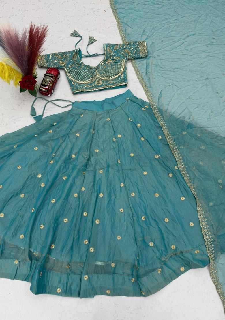 Sky Blue Embroidered Mosh Lehenga Set - Indya