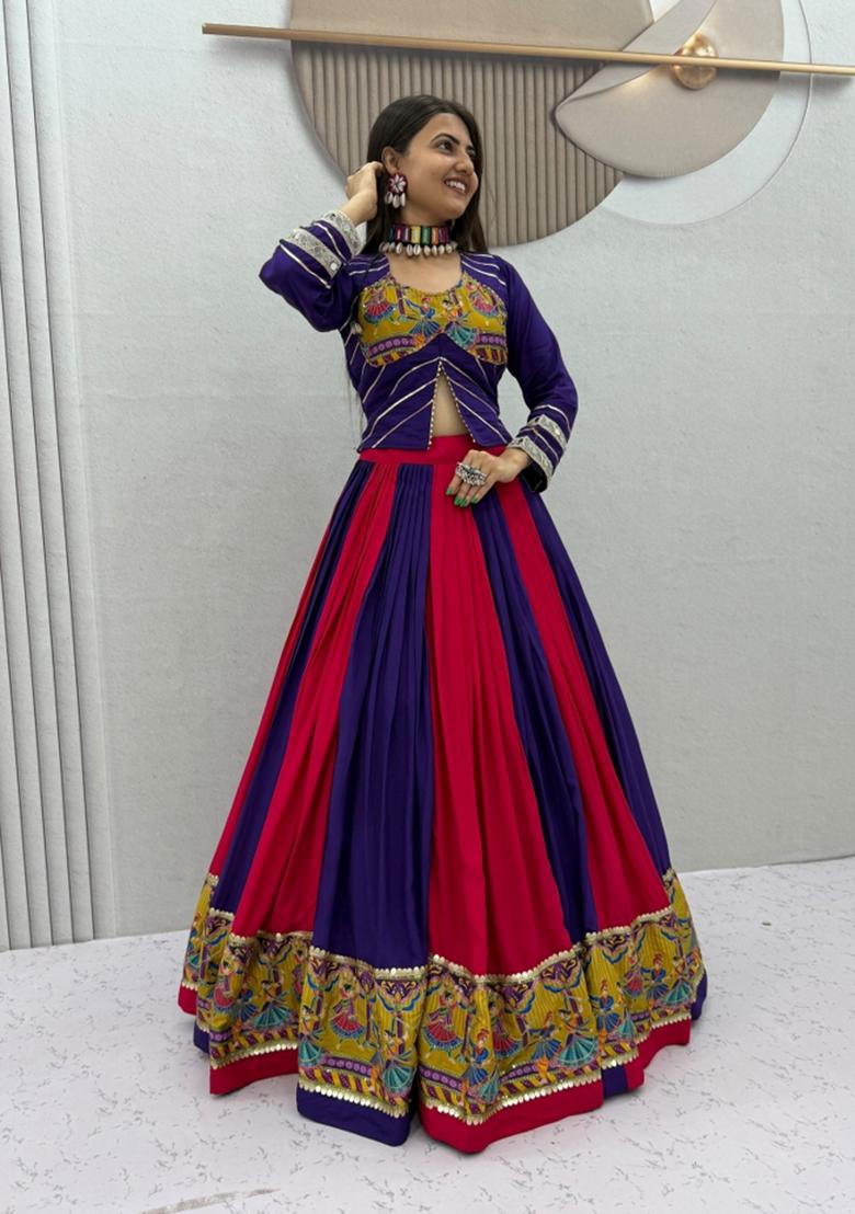 Multicolor Embroidered Cotton Lehenga Set - Indya
