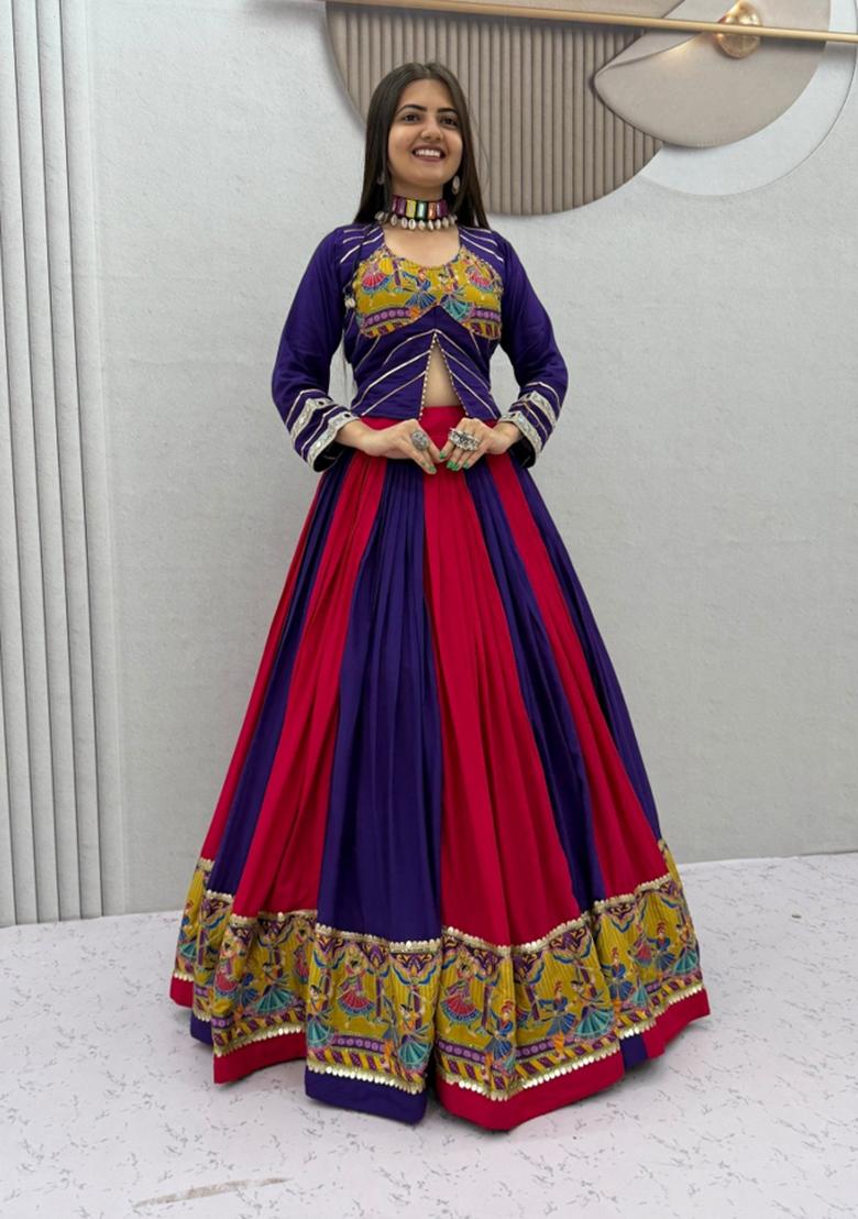 Multicolor Embroidered Cotton Lehenga Set - Indya