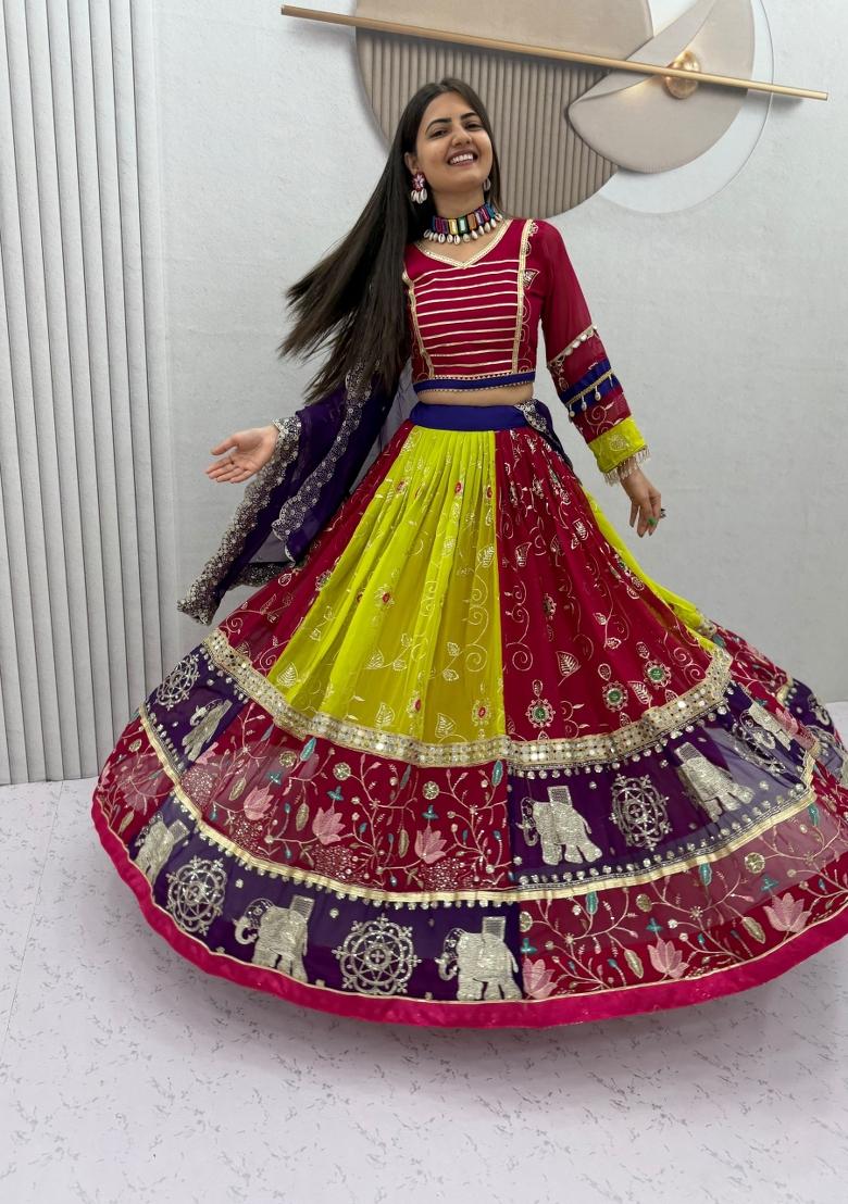 Multicolor Embroidered Georgette Lehenga Set - Indya
