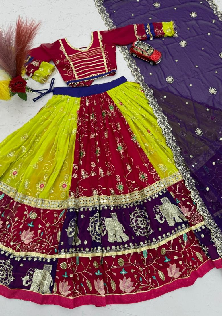 Multicolor Embroidered Georgette Lehenga Set - Indya