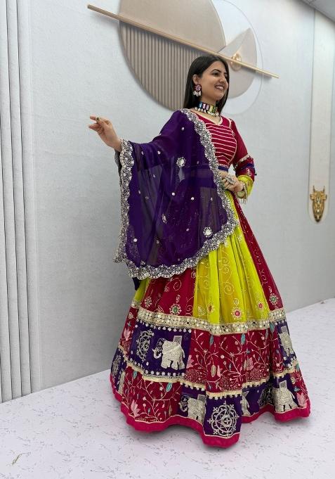 Multicolor Embroidered Georgette Lehenga Set