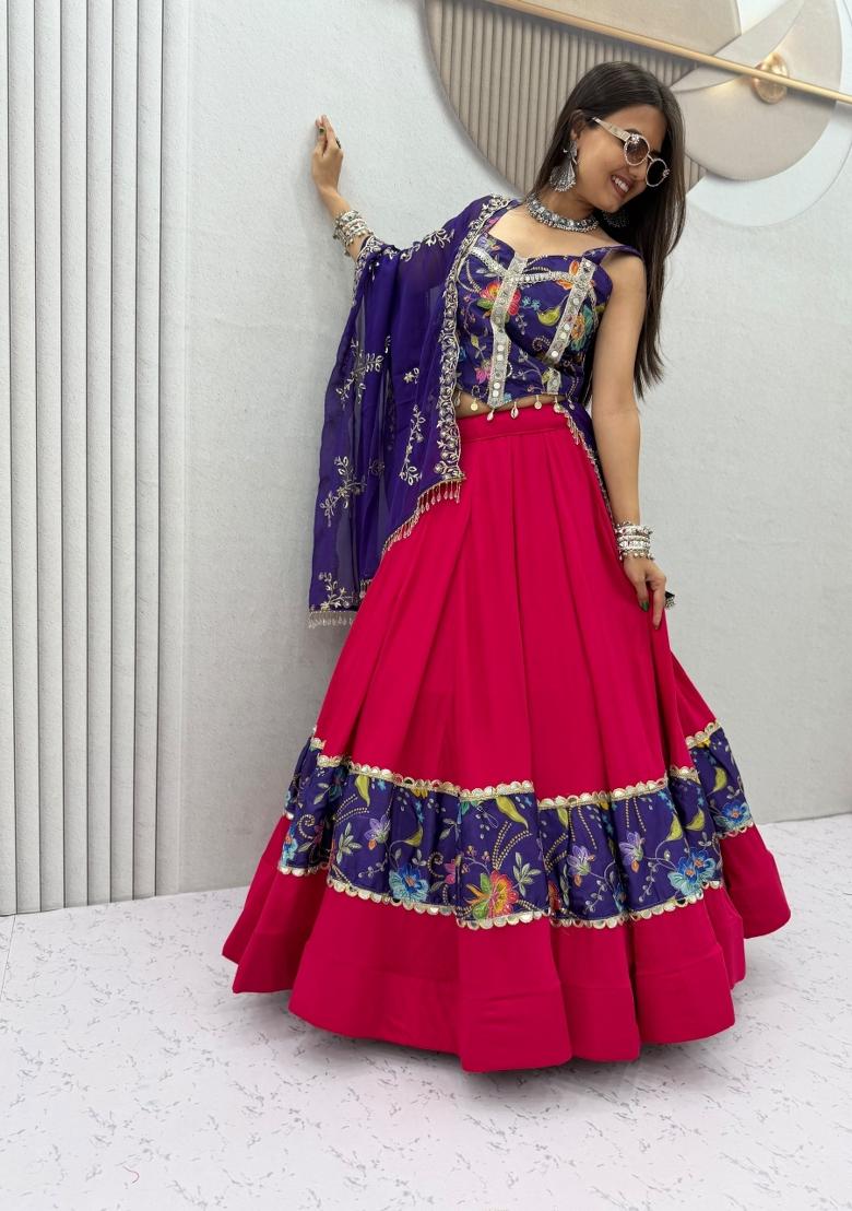 Red Embroidered Georgette Lehenga Set - Indya