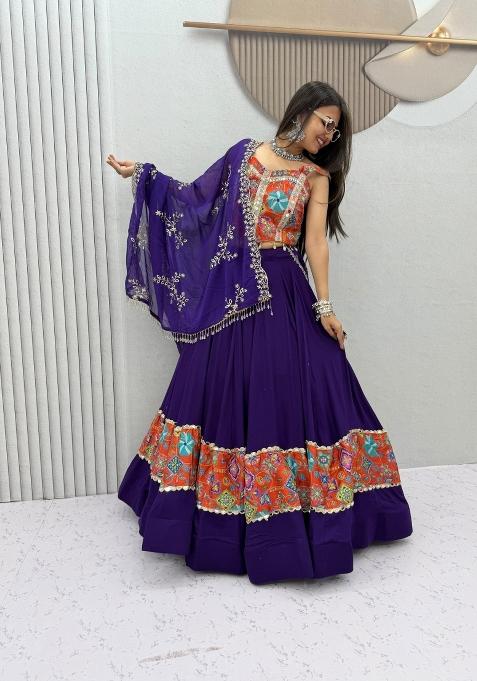 Blue Embroidered Georgette Lehenga Set