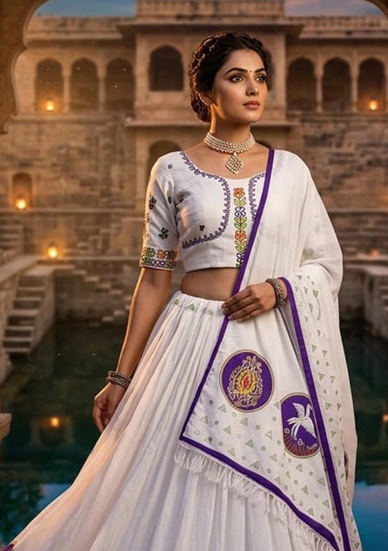White Embroidered Cotton Lehenga Set - Indya
