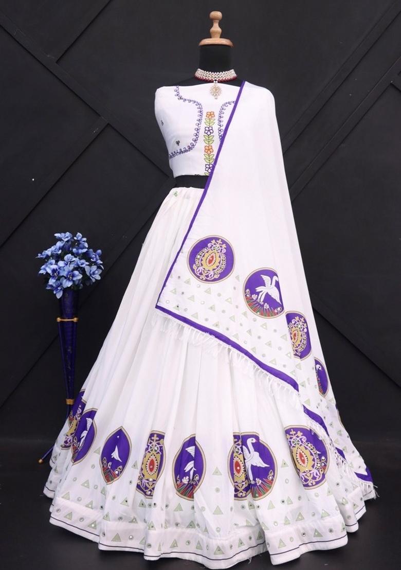 White Embroidered Cotton Lehenga Set - Indya