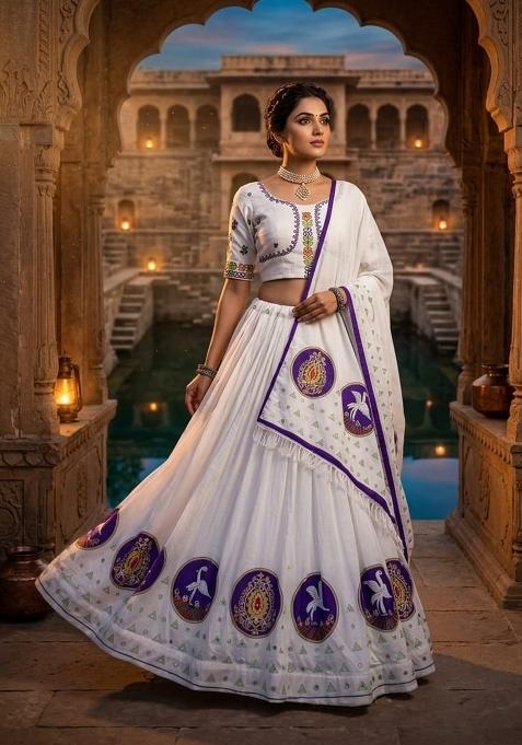 White Embroidered Cotton Lehenga Set
