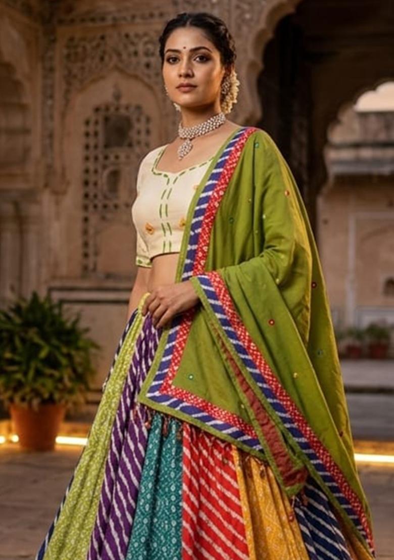Multicolor Embroidered Cotton Lehenga Set - Indya