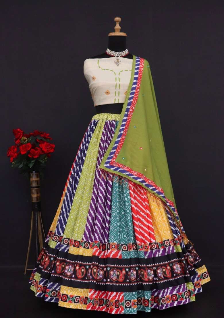 Multicolor Embroidered Cotton Lehenga Set - Indya