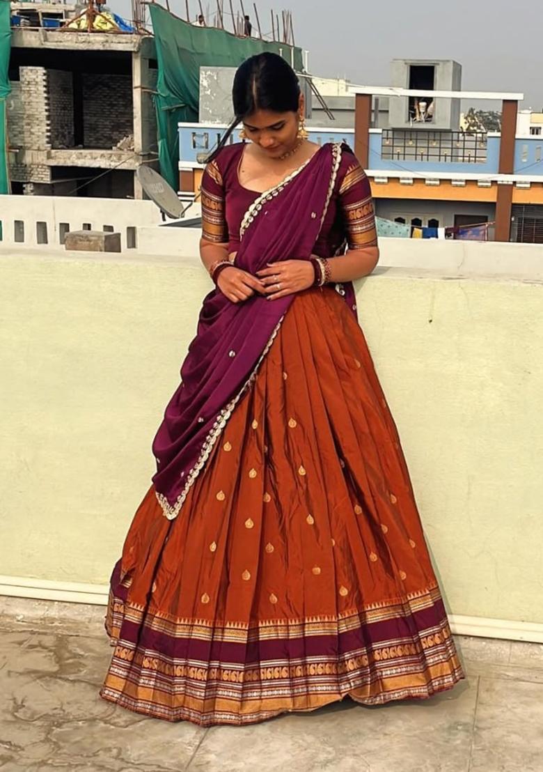 Orange Zari Work Silk Lehenga Set - Indya