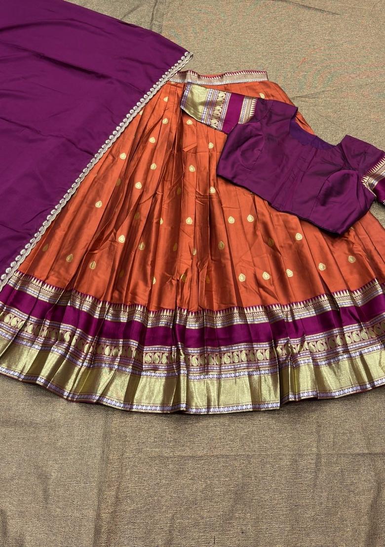 Orange Zari Work Silk Lehenga Set - Indya