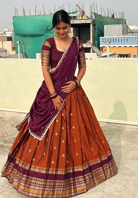 Orange Zari Work Silk Lehenga Set