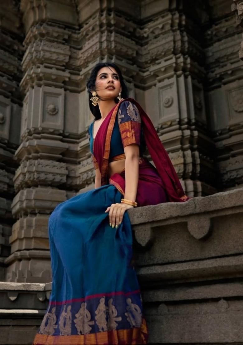 Rama Zari Work Cotton Lehenga Set - Indya