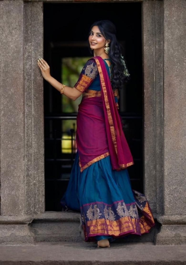 Rama Zari Work Cotton Lehenga Set - Indya