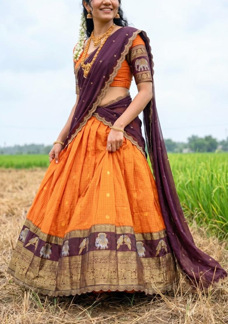 Orange Zari Work Silk Lehenga Set - Indya
