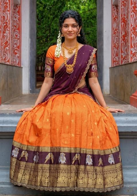 Orange Zari Work Silk Lehenga Set