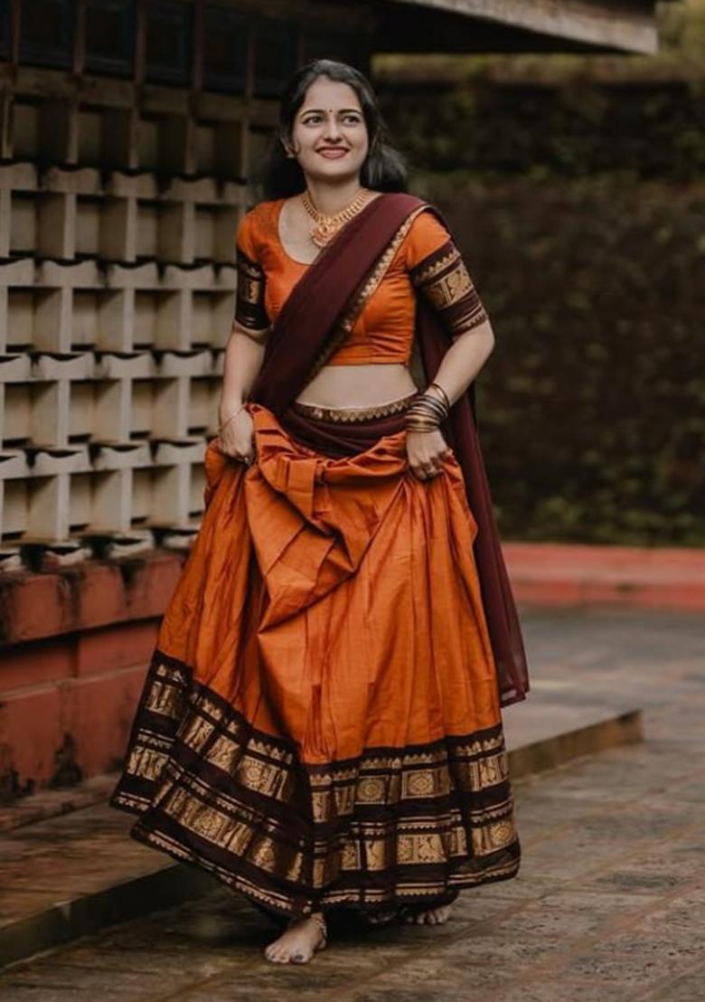 Orange Zari Work Cotton Lehenga Set - Indya