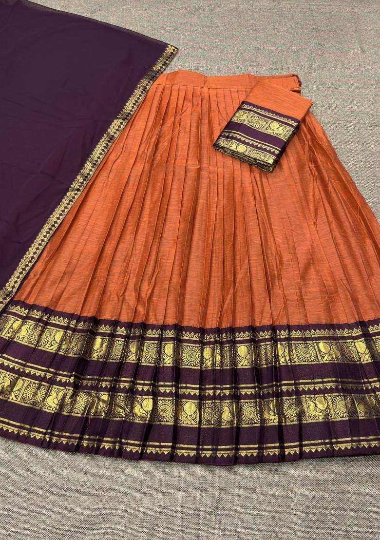 Orange Zari Work Cotton Lehenga Set - Indya
