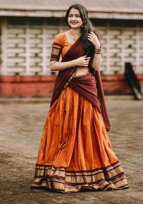 Orange Zari Work Cotton Lehenga Set