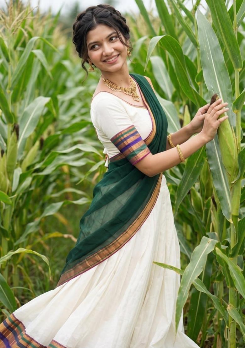 Green Zari Work Cotton Lehenga Set - Indya