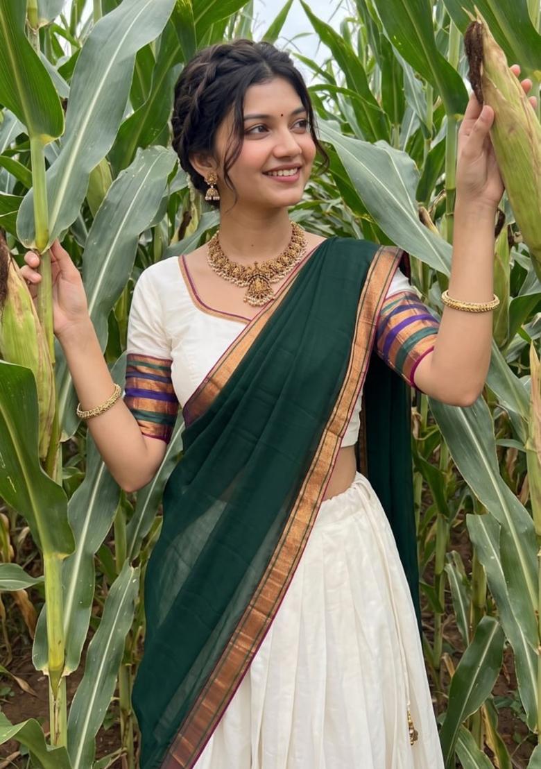 Green Zari Work Cotton Lehenga Set - Indya