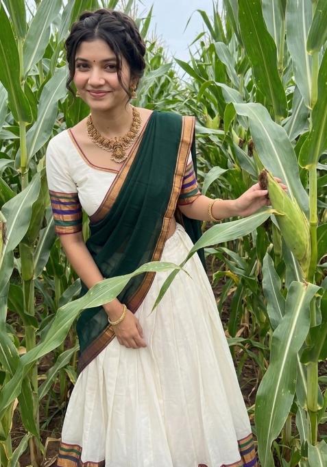 Green Zari Work Cotton Lehenga Set