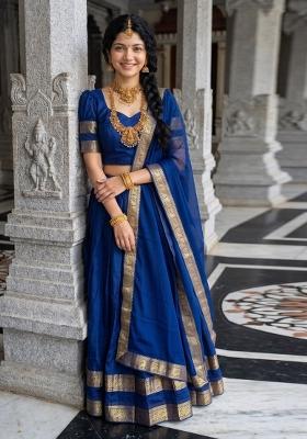 Blue Zari Work Cotton Lehenga Set