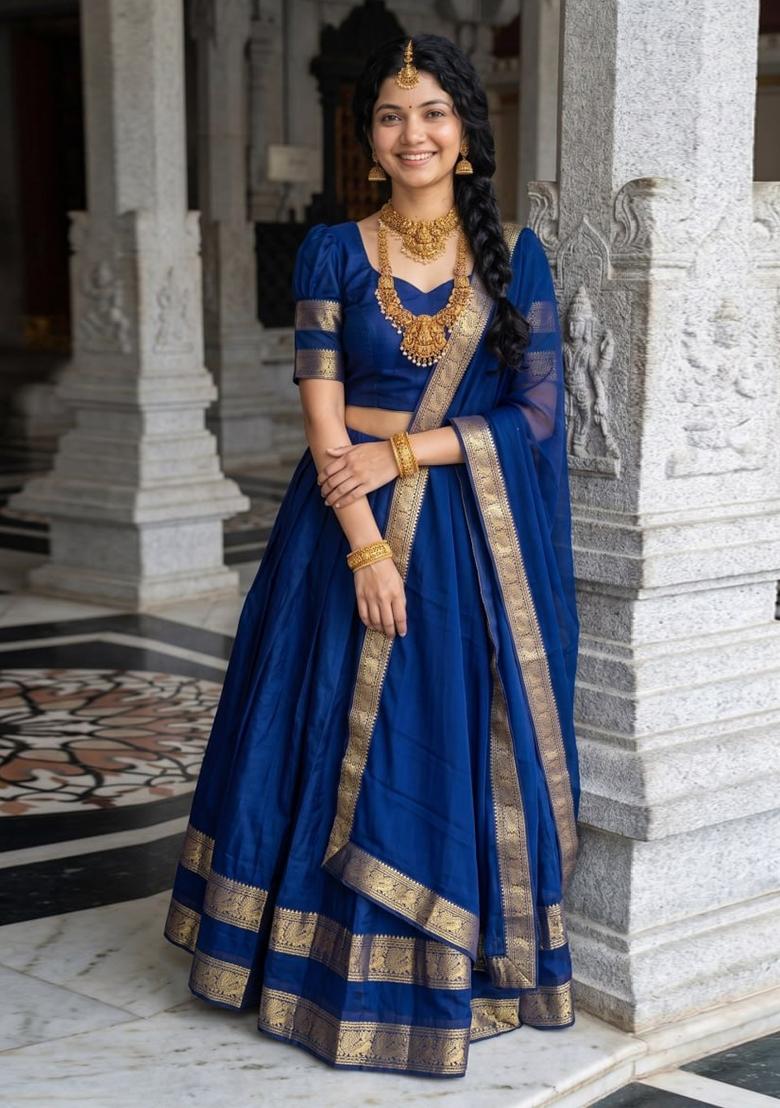 Blue Zari Work Cotton Lehenga Set - Indya