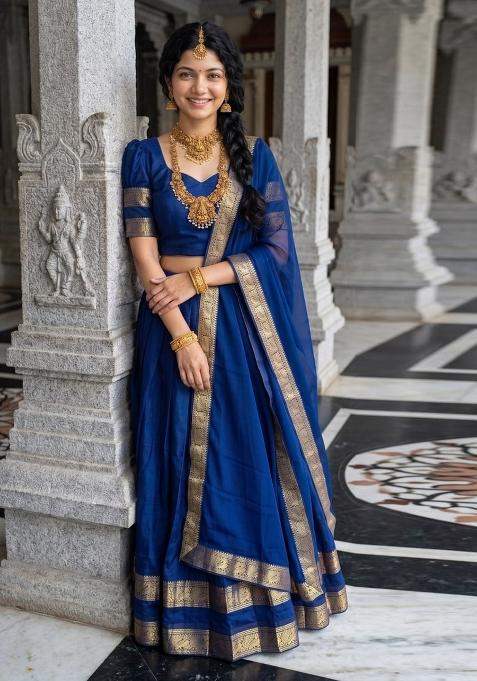 Blue Zari Work Cotton Lehenga Set