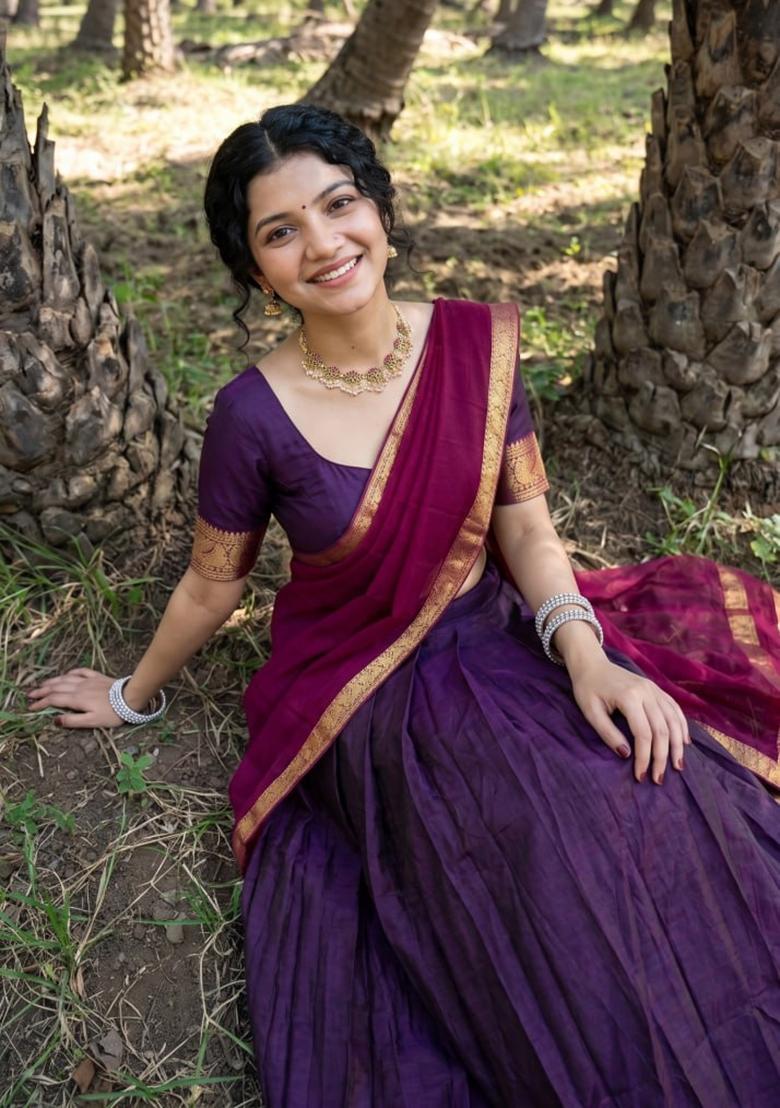Wine Zari Work Cotton Lehenga Set - Indya
