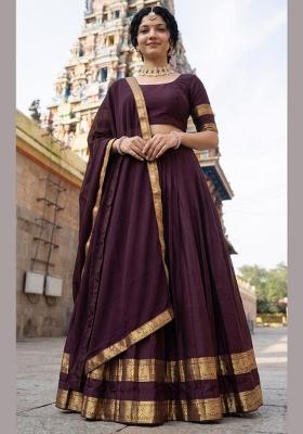 Brown Zari Work Cotton Lehenga Set