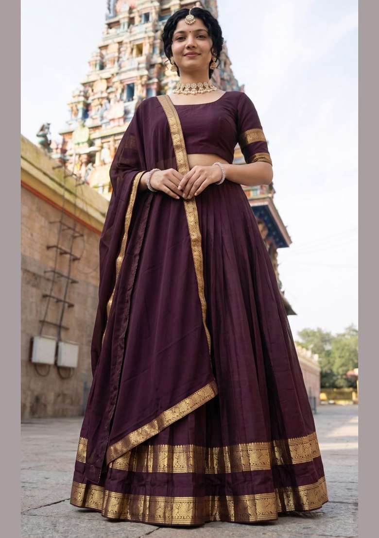 Brown Cotton Lehenga Set with Zari Work for Diwali | Wedding & Festive Wear - Indya