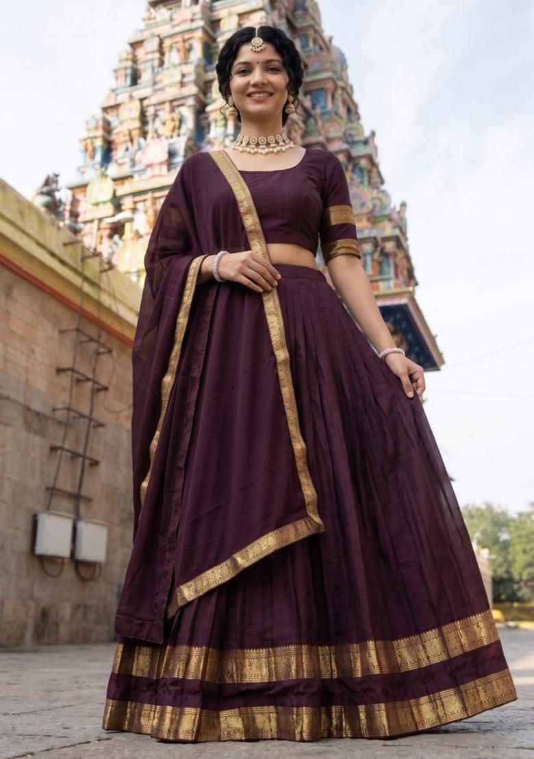Brown Zari Work Cotton Lehenga Set - Indya