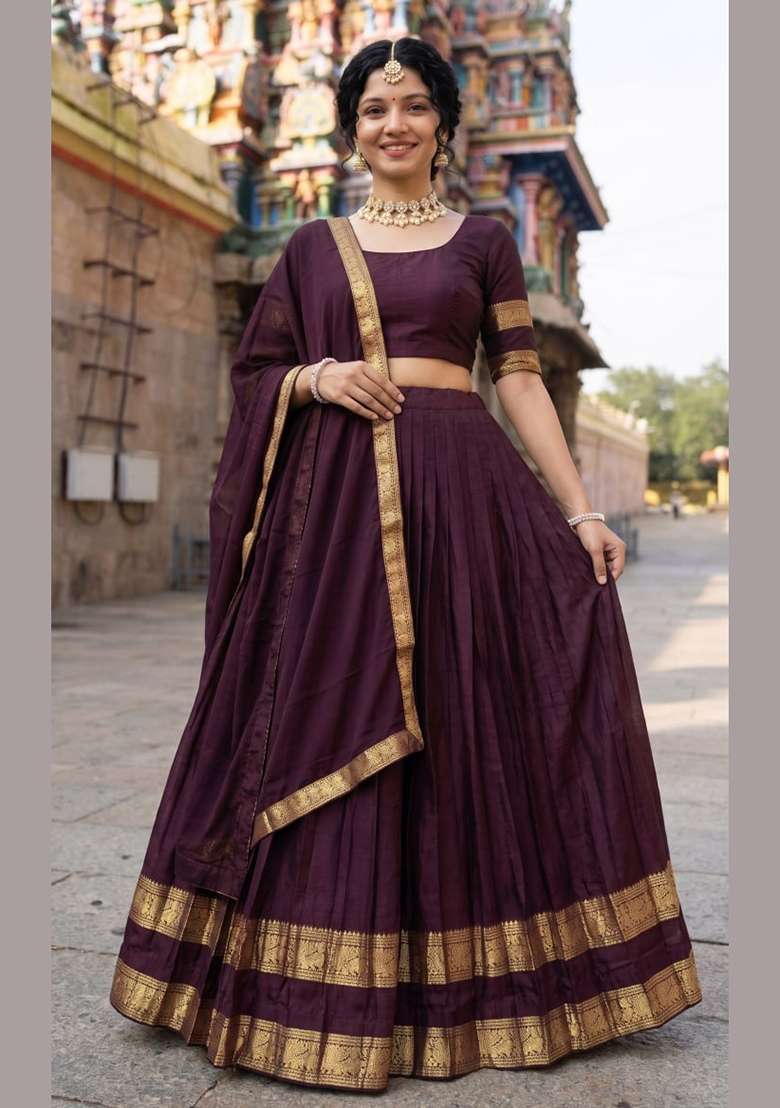 Brown Cotton Lehenga Set with Zari Work for Diwali | Wedding & Festive Wear - Indya