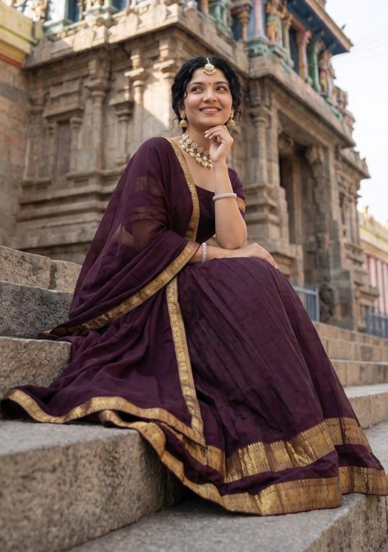 Brown Zari Work Cotton Lehenga Set - Indya
