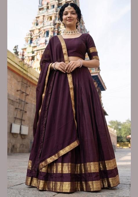 Brown Zari Work Cotton Lehenga Set