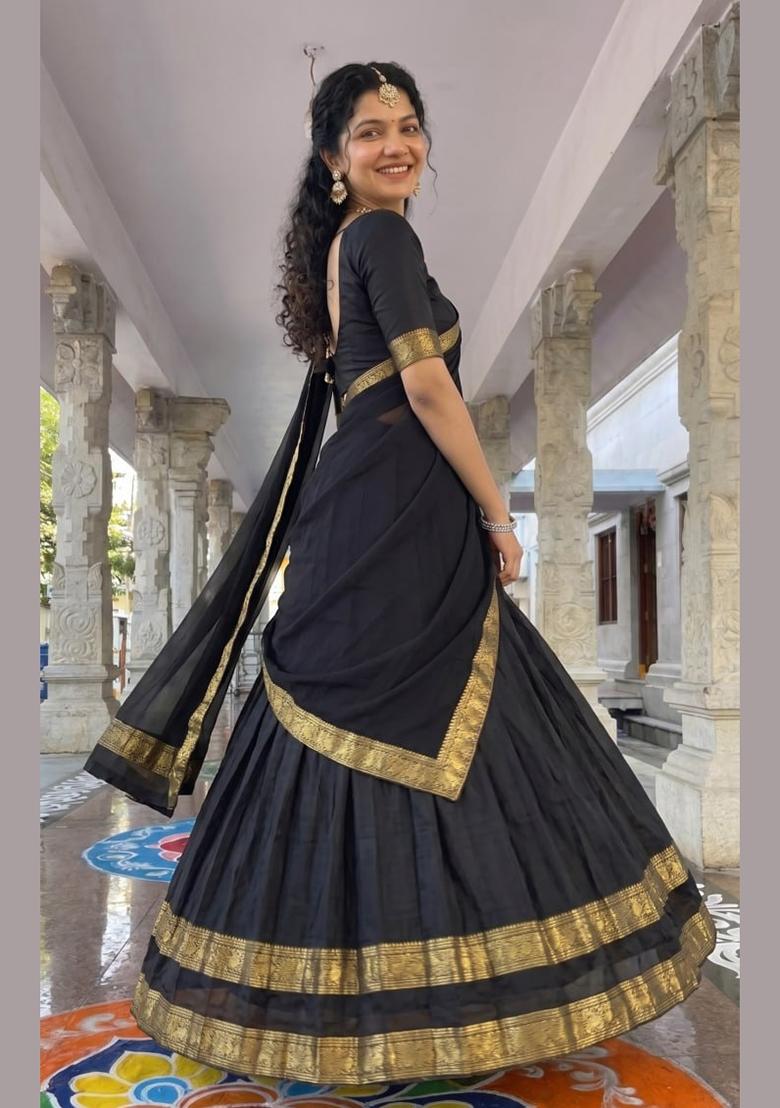 Black Zari Work Cotton Lehenga Set - Indya